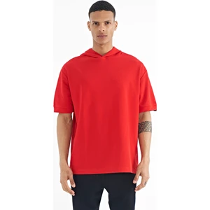 Kırmızı Kapüşonlu Kol Etiket Detaylı Oversize Erkek T-shirt - 88179