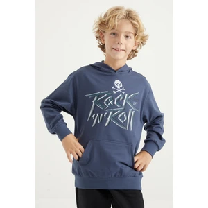 Tommy Life Petrol Yazı Baskılı Kanguru Cepli Kapüşonlu Standart Kalıp Erkek Çocuk Sweatshirt - 11002