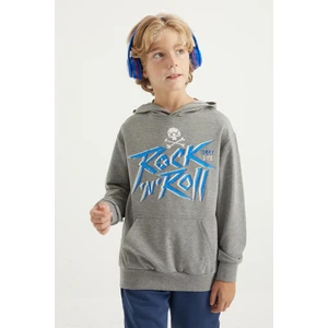 Tommy Life Gri Melanj Yazı Baskılı Kanguru Cepli Kapüşonlu Standart Kalıp Erkek Çocuk Sweatshirt - 11002