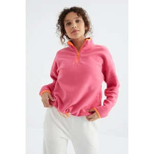 Tommy Life Şeker Pembe Yarım Fermuar Etek Ucu Büzgülü Dik Yaka Oversize Kadın Polar Sweatshirt - 97234