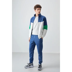 Tommy Life Ekru - İndigo Dik Yaka Renk Geçişli İçi Polarlı Erkek Eşofman Takımı - 85186
