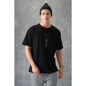 Air Jones Siyah %100 Pamuk Kalın Yumuşak Dokulu Oversize Fit Baskılı Erkek T-Shirt - 88355
