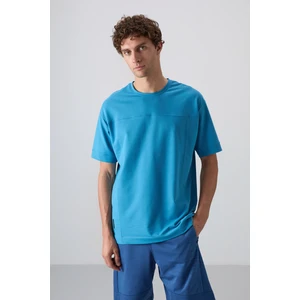 Tommy Life Petrol Mavi Pamuklu Kalın Yumuşak Dokulu Oversize Fit Basic Erkek T-Shirt - 88349