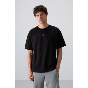 Tommy Life Siyah Pamuklu Kalın Yumuşak Dokulu Oversize Fit Baskılı Erkek T-Shirt - 88323