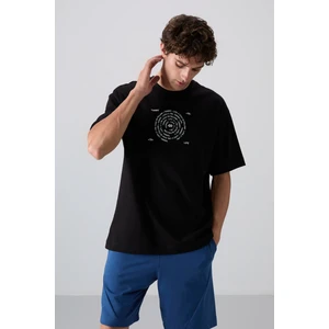 Tommy Life Siyah - Beyaz Pamuklu Kalın Yumuşak Dokulu Oversize Fit Baskılı Erkek T-Shirt - 88324