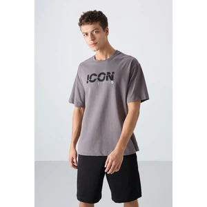 Tommy Life Koyu Gri Pamuklu Kalın Yumuşak Dokulu Oversize Fit Baskılı Erkek T-Shirt - 88331