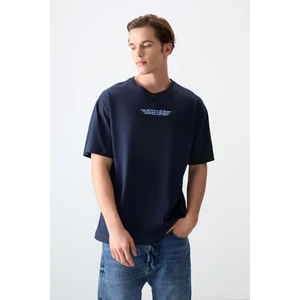 Air Jones Lacivert %100 Pamuk Kalın Yumuşak Dokulu Oversize Fit Baskılı Erkek T-Shirt - 88356
