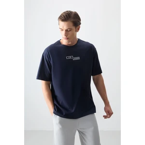 Air Jones Lacivert %100 Pamuk Kalın Yumuşak Dokulu Oversize Fit Baskılı Erkek T-Shirt - 88361
