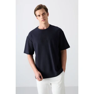Tommy Life Lacivert Pamuklu Kalın Yüzeyi Dokulu Oversize Fit Baskılı Erkek T-Shirt - 88336