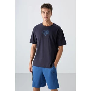 Tommy Life Lacivert Pamuklu Kalın Yumuşak Dokulu Oversize Fit Baskılı Erkek T-Shirt - 88333