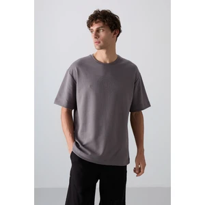 Tommy Life Koyu Gri Pamuklu Kalın Yumuşak Dokulu Oversize Fit Baskılı Erkek T-Shirt - 88324