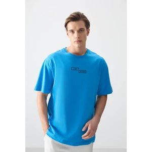 Air Jones Petrol Mavi %100 Pamuk Kalın Yumuşak Dokulu Oversize Fit Baskılı Erkek T-Shirt - 88361