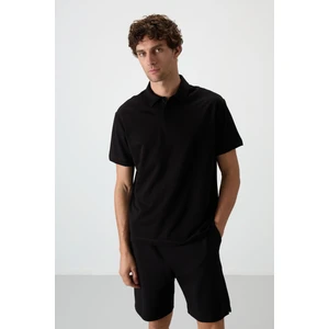 Air Jones Siyah Pamuklu Kalın Yumuşak Dokulu Polo Yaka Oversize Fit Basic Erkek T- Shirt - 88381