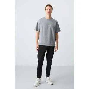 Air Jones Gri Melanj  Siyah Pamuklu Kalın Yumuşak Dokulu Oversize Fit Basic Erkek Eşofman Takım - 85261