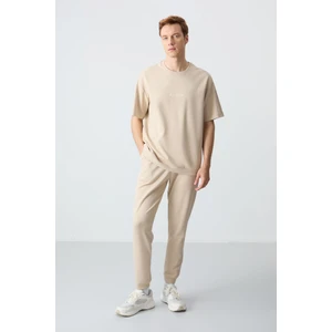 Air Jones Bej Pamuklu Kalın Yumuşak Dokulu Oversize Fit Basic Erkek Eşofman Takım - 85261