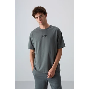 Tommy Life Haki Pamuklu Kalın Yumuşak Dokulu Oversize Fit Baskılı Erkek T-Shirt - 88342