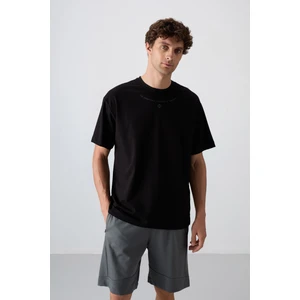 Tommy Life Siyah Pamuklu Kalın Yumuşak Dokulu Oversize Fit Baskılı Erkek T-Shirt - 88343