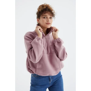Tommy Life Gül Kurusu Yarım Fermuar Etek Ucu Büzgülü Kadın Polar Oversize Sweatshirt - 97171