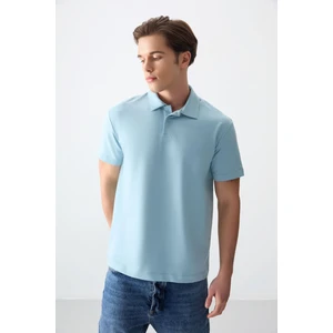 Açık Mavi Pamuklu Kalın Yumuşak Dokulu Polo Yaka Oversize Fit Basic Erkek T- Shirt - 88381