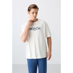 Tommy Life Ekru Pamuklu Kalın Yumuşak Dokulu Oversize Fit Baskılı Erkek T-Shirt - 88329