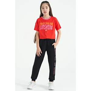 Tommy Life Siyah Yan Yazı Nakışlı Bağcıklı Standart Kalıp Jogger Kız Çocuk Eşofman Alt - 75123