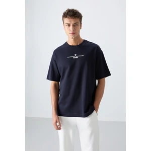 Tommy Life Lacivert Pamuklu Kalın Yumuşak Dokulu Oversize Fit Baskılı Erkek T-Shirt - 88321