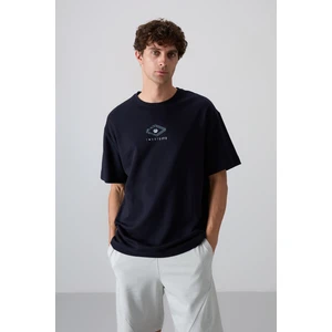 Tommy Life Lacivert Pamuklu Kalın Yumuşak Dokulu Oversize Fit Baskılı Erkek T-Shirt - 88325