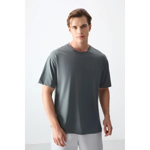 Air Jones Haki %100 Pamuk Kalın Yumuşak Dokulu Oversize Fit Basic Erkek T-Shirt - 88353