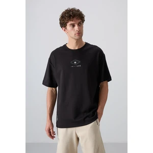 Tommy Life Siyah Pamuklu Kalın Yumuşak Dokulu Oversize Fit Baskılı Erkek T-Shirt - 88325