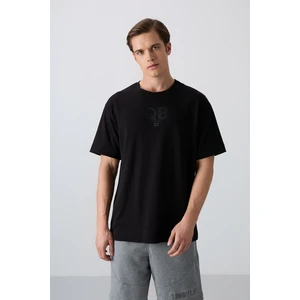 Tommy Life Siyah Pamuklu Kalın Yumuşak Dokulu Oversize Fit Baskılı Erkek T-Shirt - 88333
