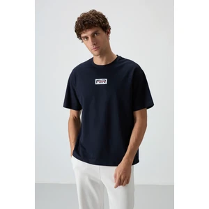 Air Jones Lacivert Pamuklu Kalın Yüzeyi Dokulu Oversize Fit  Baskılı Erkek T-Shirt - 88367