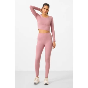 Gül Kurusu Yüksek Bel Uzun Kollu Slim Fit Crop Top Kadın Tayt Takım - 95286
