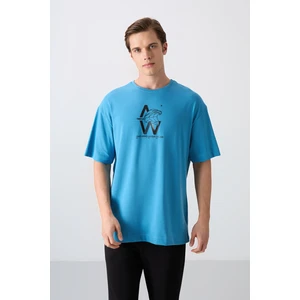 Tommy Life Petrol Mavi Pamuklu Kalın Yumuşak Dokulu Oversize Fit Baskılı Erkek T-Shirt - 88332