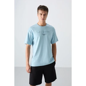 Tommy Life Açık Mavi Pamuklu Kalın Yumuşak Dokulu Oversize Fit Baskılı Erkek T-Shirt - 88328