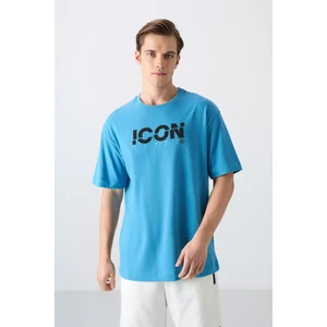 Tommy Life Petrol Mavi Pamuklu Kalın Yumuşak Dokulu Oversize Fit Baskılı Erkek T-Shirt - 88331