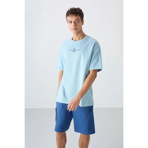 Tommy Life Açık Mavi Pamuklu Kalın Yumuşak Dokulu Oversize Fit Baskılı Erkek T-Shirt - 88321