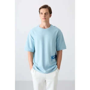 Tommy Life Açık Mavi Pamuklu Kalın Yumuşak Dokulu Oversize Fit Baskılı Erkek T-Shirt - 88322