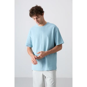 Tommy Life Açık Mavi Pamuklu Kalın Yüzeyi Dokulu Oversize Fit Basic Erkek T-Shirt - 88337