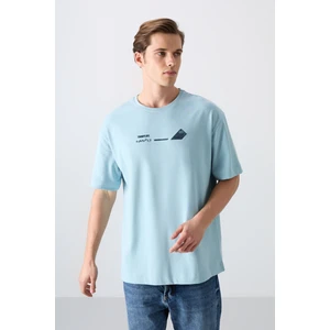 Tommy Life Açık Mavi Pamuklu Kalın Yumuşak Dokulu Oversize Fit Baskılı Erkek T-Shirt - 88330
