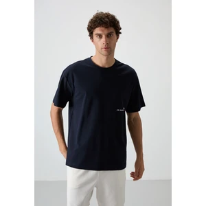 Air Jones Lacivert Pamuklu Kalın Yüzeyi Dokulu Oversize Fit  Baskılı Erkek T-Shirt - 88370