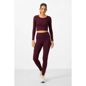 Tommy Life Bordo Yüksek Bel Uzun Kollu Slim Fit Crop Top Kadın Tayt Takım - 95286