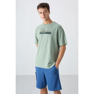 Tommy Life Açık Yeşil Pamuklu Kalın Yumuşak Dokulu Oversize Fit Baskılı Erkek T-Shirt - 88334
