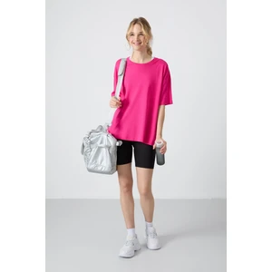 Tommy Life Fuşya Penye Modal Yumuşak Tuşeli Oversize Fit Basic Kadın T-Shirt- 97285