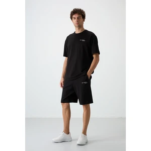 Air Jones Siyah Pamuklu Kalın Yumuşak Dokulu Oversize Fit Nakışlı Erkek Şort Takım - 85250