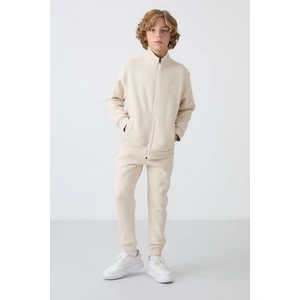 Tommy Life Bej Pamuklu Kalın Içi Tüylü Yumuşak Dokulu Standart Fit Nakışlı Erkek Çocuk Eşofman Takım - 11256