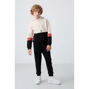Tommy Life Bej-Siyah Pamuklu Kalın İçi Tüylü Yumuşak Dokulu Standart Fit Nakışlı Erkek Çocuk Eşofman Takım - 11255