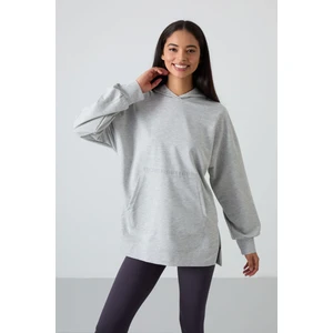 Tommy Life Gri Melanj Balon Kol Yazı Nakışlı Kadın Oversize Tunik Sweatshirt - 97163