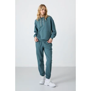 Tommy Life Orman Yeşili Kapüşonlu Kanguru Cep Oversize Lastik Paça Kadın Eşofman Takımı - 95288