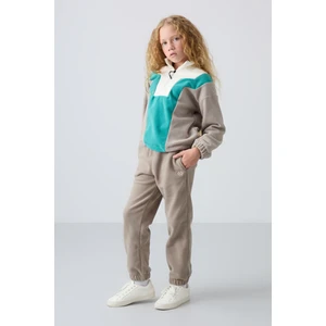 Tommy Life Koyu Bej Kalın Yumuşak Dokulu Standart Fit Nakışlı Polar Kız Çocuk Eşofman Alt - 75155