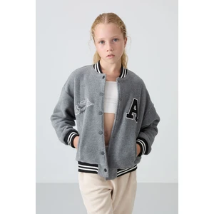 Tommy Life Gri Melanj Kalın Yumuşak Dokulu Standart Fit Nakışlı Polar Kız Çocuk Kolej Ceket - 75156